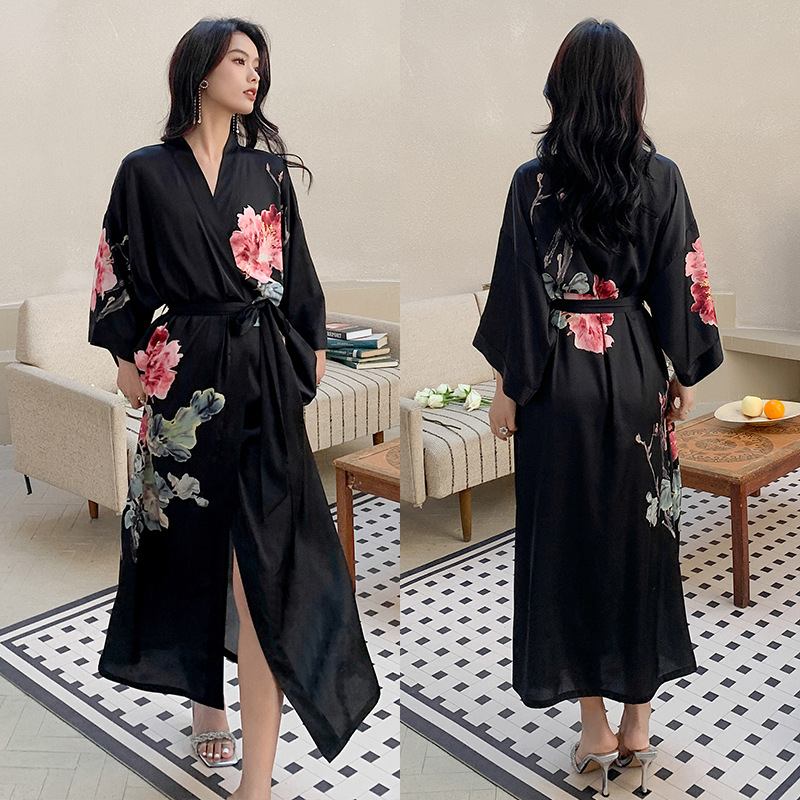 High - quality light - luxury new Chinese - style long - sleeve ice - silk pajamas for women Printed nightgown for spring and autumn with V - neck loo