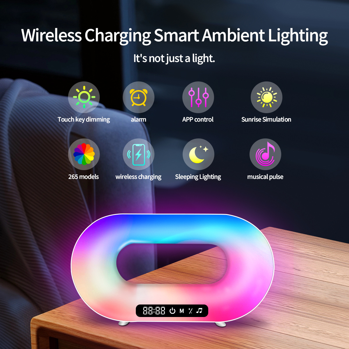 Desktop Mood Light Featuring Wireless Phone Charging Adjustable Brightness Dimmable LED for Sleepytime Serenity-HCP059