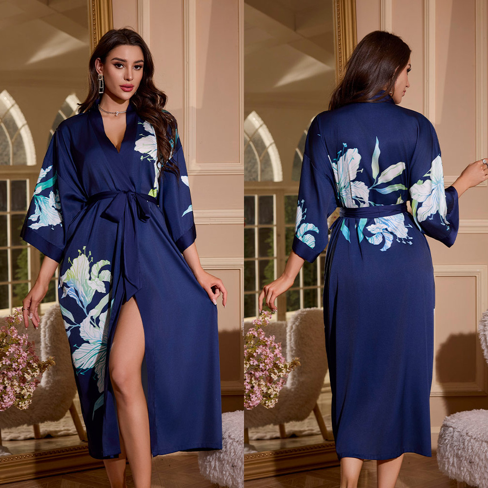 Outfits For Woman Light luxury women's printed satin pajamas plus size luxurious three-quarter sleeves long style cool feeling women's home 