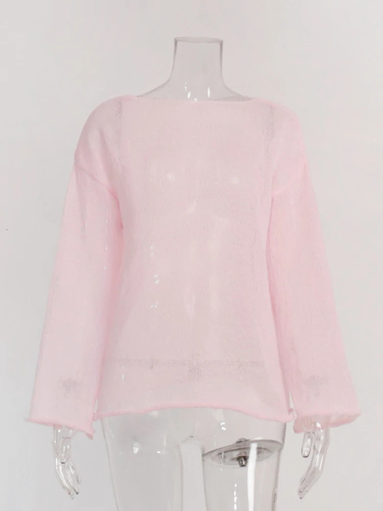 Spring Summer Hollow Knitted Oversized Sweater T Shirt Round Neck Long Sleeves Tops Loose Elegant Pullover for Women Clothing 250731