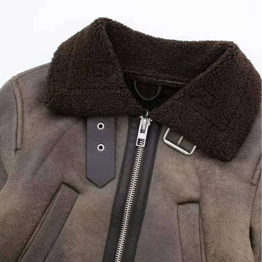 hoodie Winter New Style Washed Loose Short Motorcycle Jacket Women's Fur Leather Zipper Collar Coat Casual Fashion Outerwear jacket5624