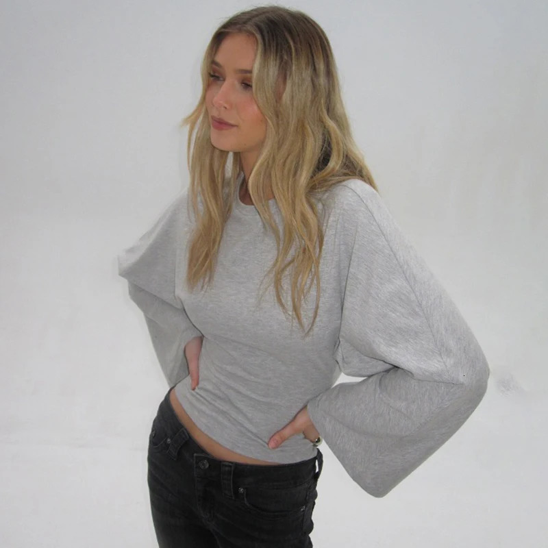 Talenza Casual Solid T Shirt Womens O Neck Long Sleeve Pullover Folds Short Top Female Autumn Basic Fashion Loose 250731