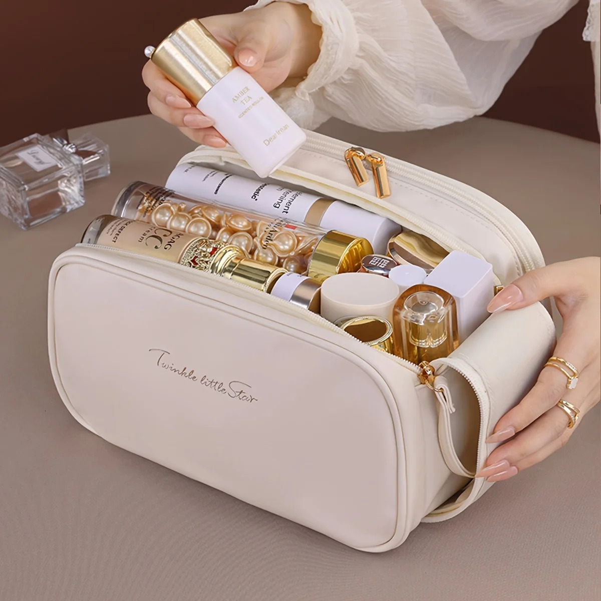 Multifunctional Makeup Bag For Women PU Leather Large Capacity Portable Double Zipper Travel Makeup Brush Toiletries Storage Bag 250731