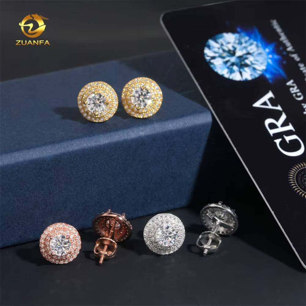 Hot Sale High Quality Two Row Halo 5mm Center Diamond Stud 925 Silver 18k Gold Stud Moissanite Earrings