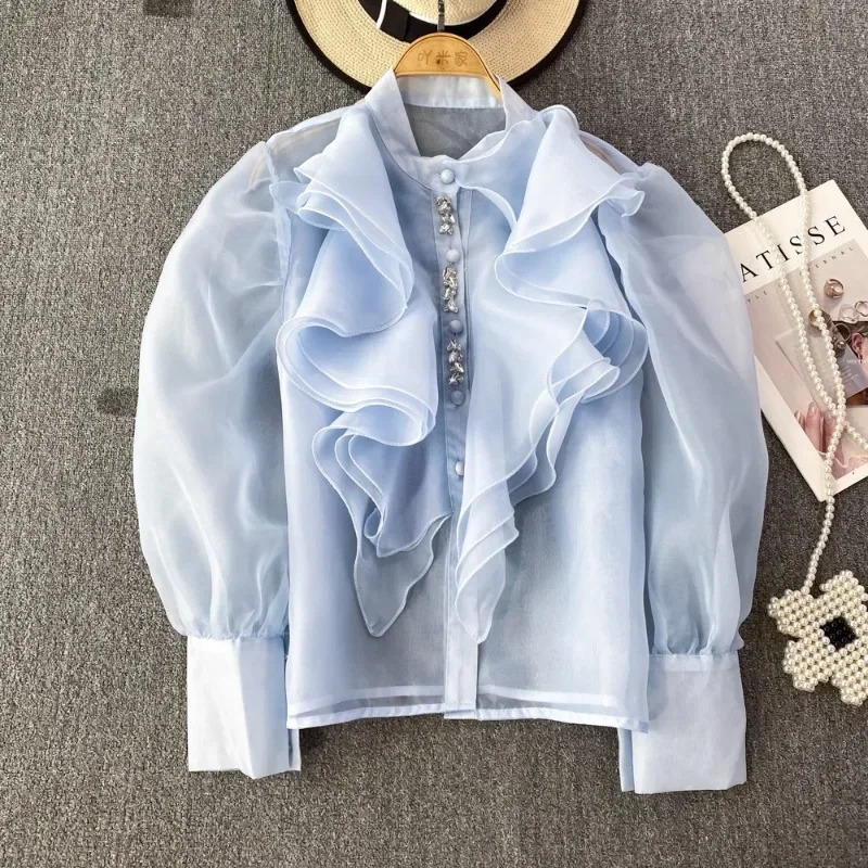 Chic Womens Tops And Blouses Organza Ruffles Blouse For Women Beading Mesh Sheer Blusa Feminina Elegant Korean Fashion 250731