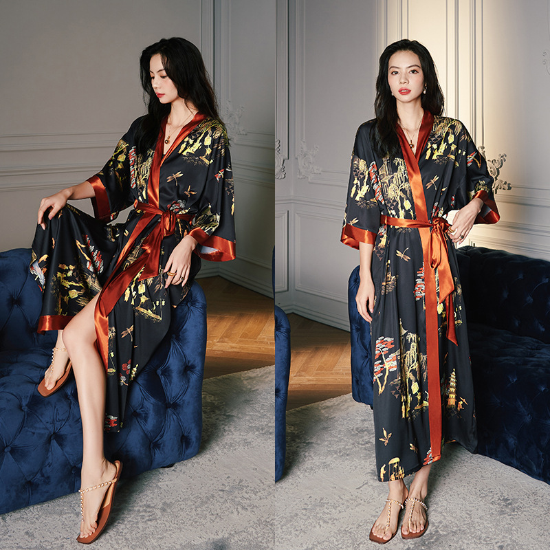 High - quality light - luxury new Chinese - style long - sleeve ice - silk pajamas for women Printed nightgown for spring and autumn with V - neck loo
