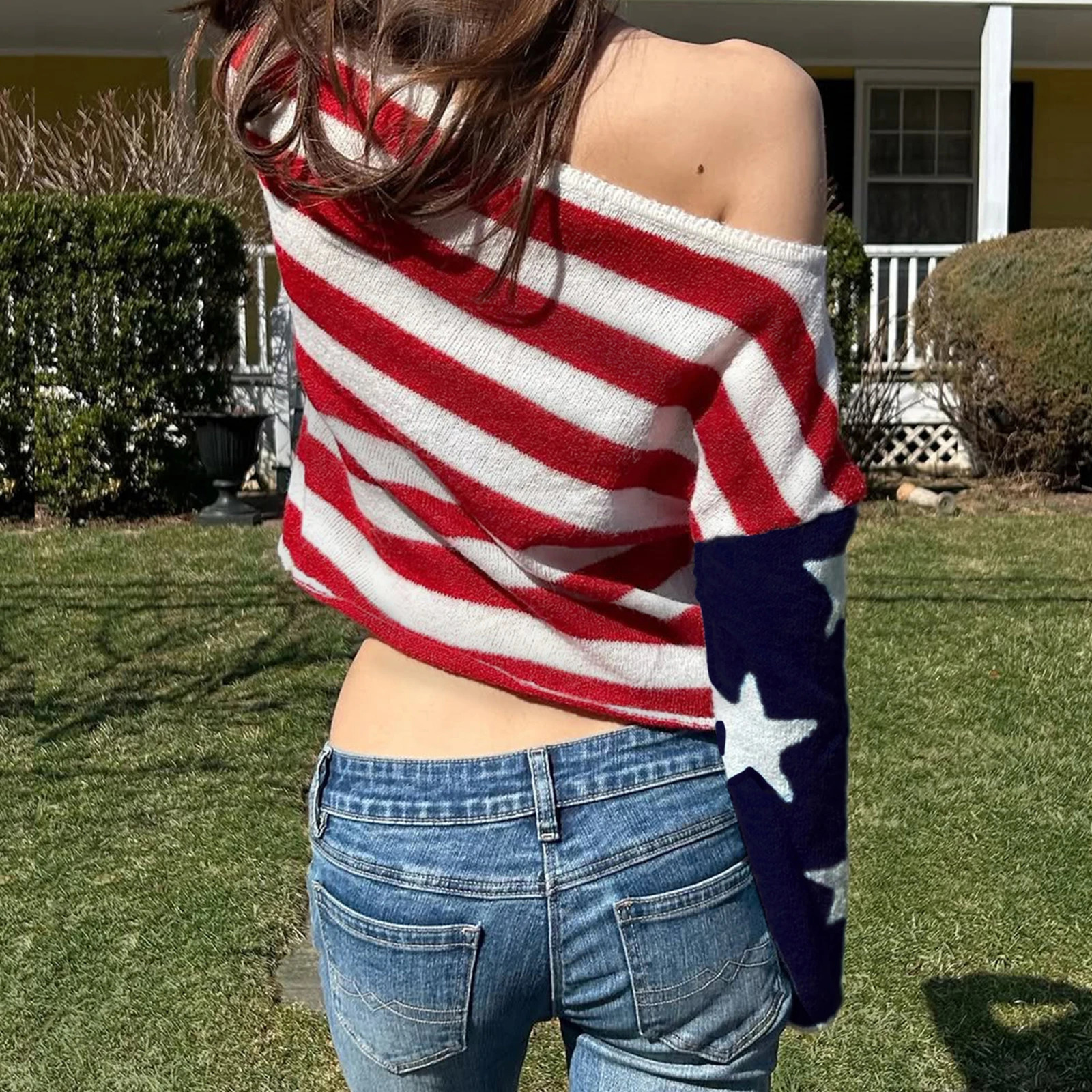 Puloru Off One Shoulder Patriotic Knit Tops Women Boat Neck Long Sleeve Thin Loose Fit Sweater American Flag Knitwears Crop 250731