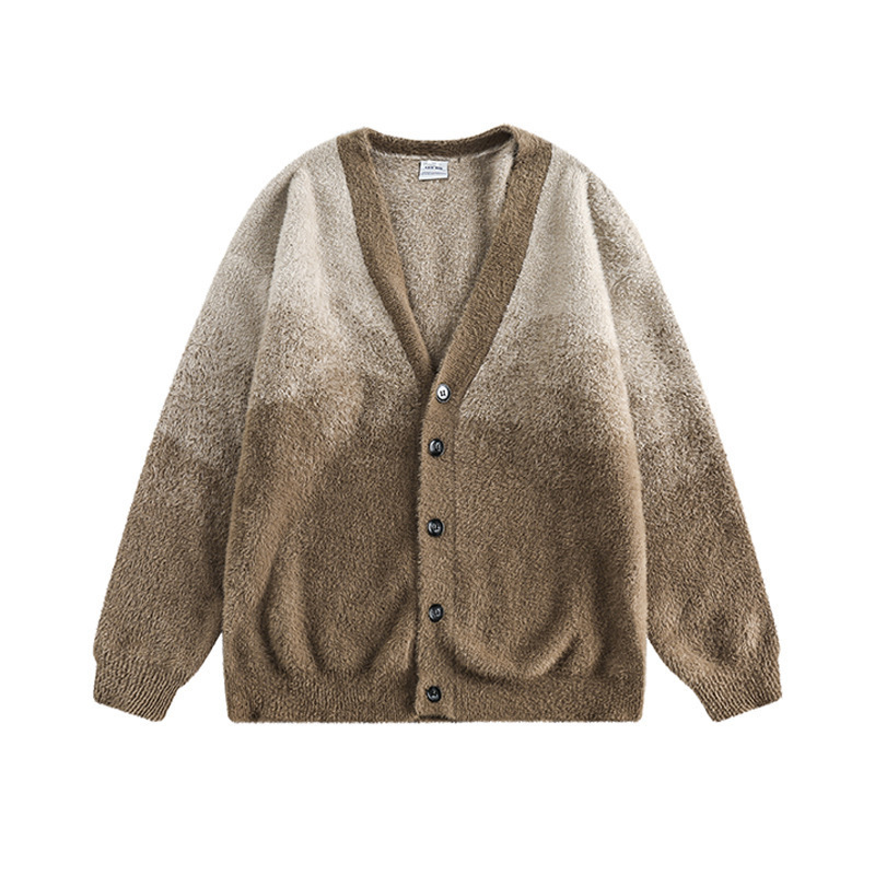 Trendy gradient plush V-neck cardigan sweater for men and women loose and lazy versatile knitted jacket y240827