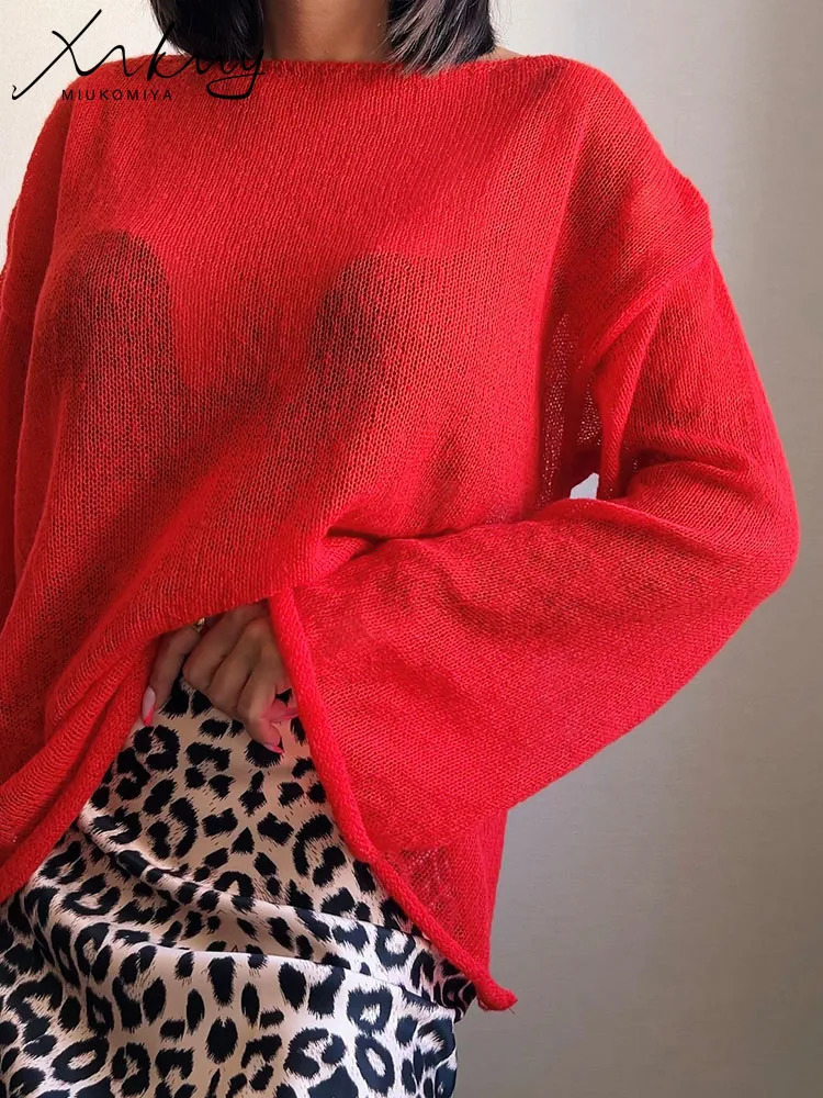 Red T Shirts Oversize Thin Knit Pullover Women Summer Trumpet Long Sleeve Shirt For Loose Top Tees Transparent Sweater 250731