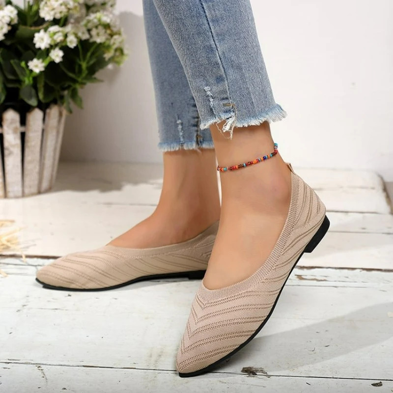 Womens Shoes Pointed Toe Flat Shoes Solid Color Knitted Women Loafers Breathable Slip on Shoes Shallow Casual Shoe 250731