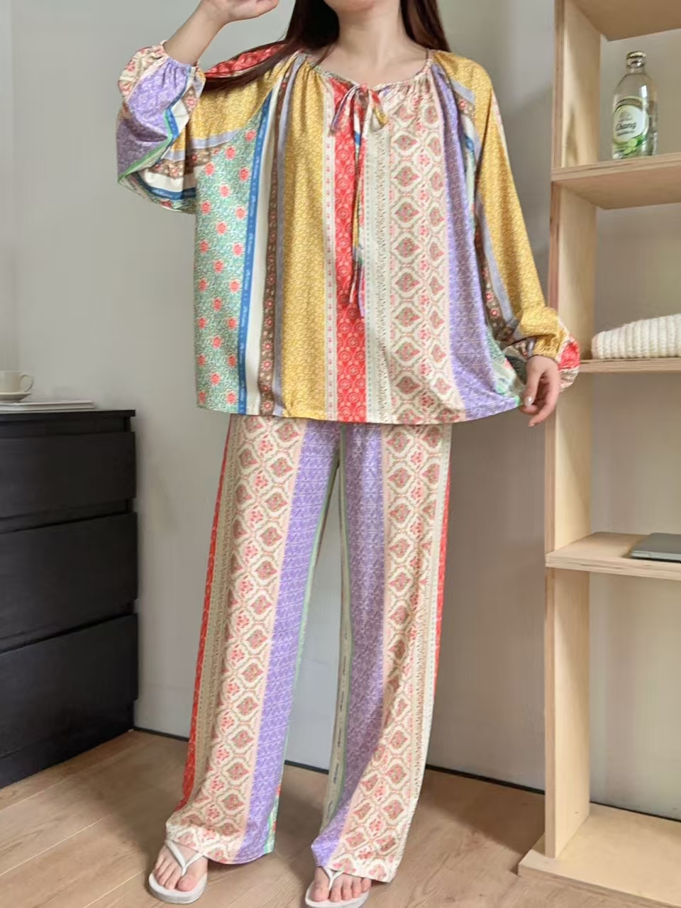 2025 Women's Long-Sleeved Long Pants Spring/Summer Lightweight 2-Piece Set Bohemian Style Stretch Waistband Women's Pajamas Can Be Worn Outs