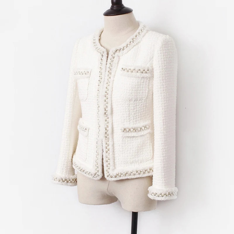 White tweed women jacket Handmade beads spring autumn winter woolen coat Wool classic Ladies 250731