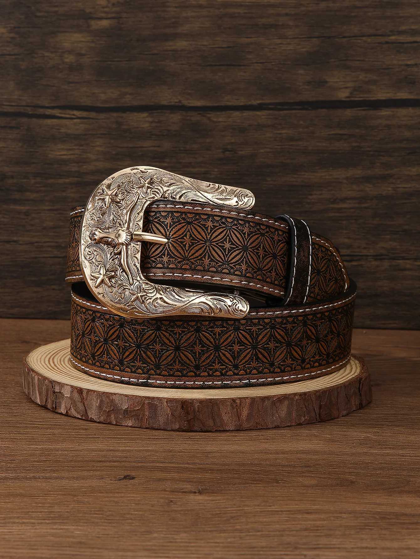 1PC Western Cowboy Retro Mens and Womens Waist Belt with Bronze Bull Pattern Needle Buckle Flower Grid Embossed XJ250801