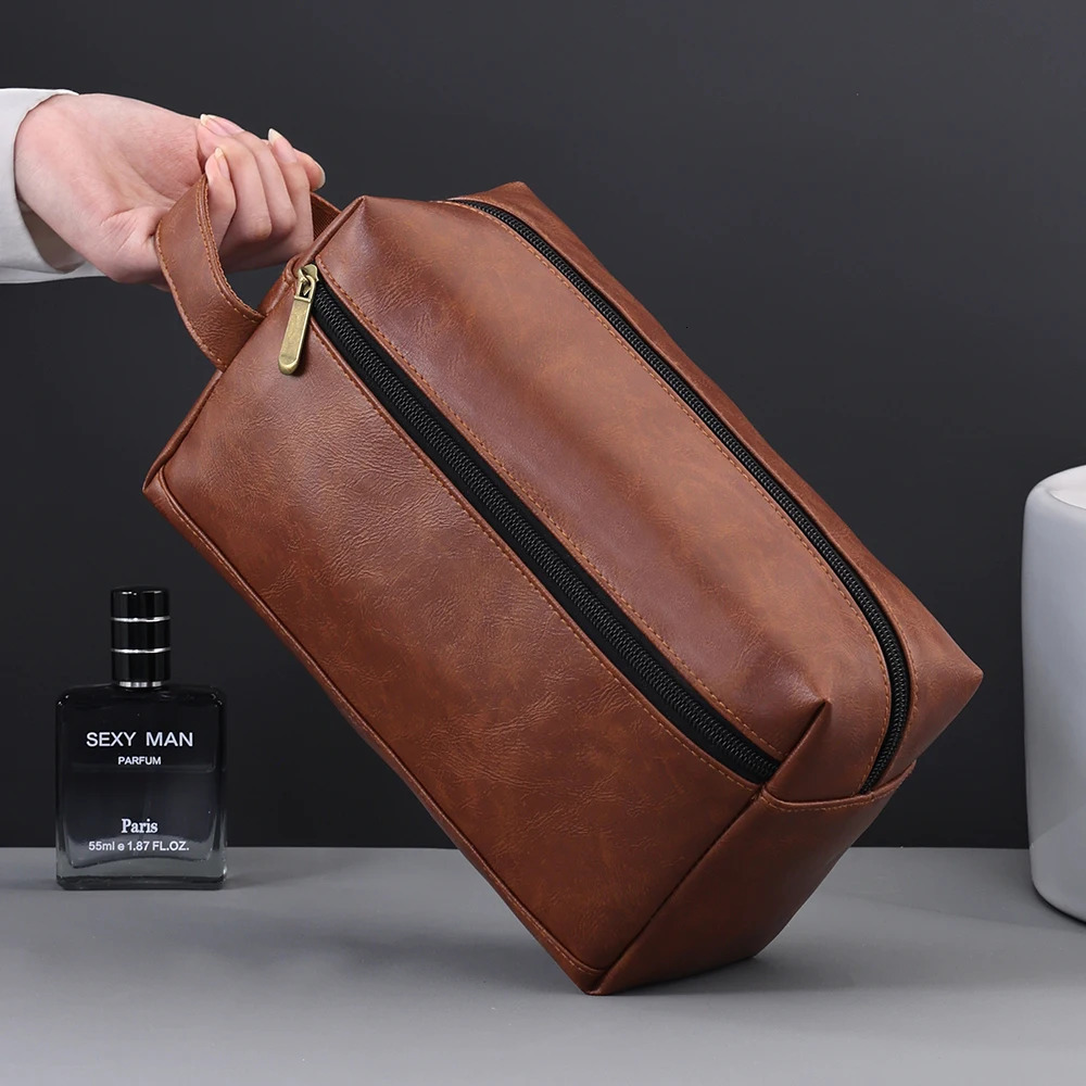 Men Leather Travel Business Shaving Cosmetic Bag Strorage Portable Toiletry Bag Large Capacity Organizer Handheld Wash Bag 250731