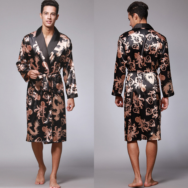 Designer luxury brand bathrobes silk and ice silk men's pajamas long - sleeved bathrobes home clothes