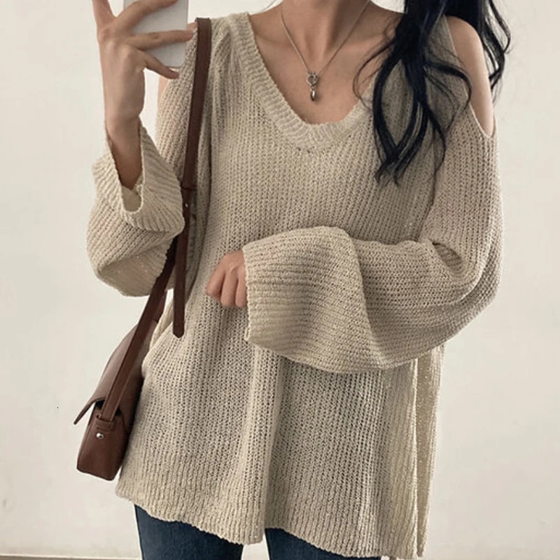 HELIAR Women Hollow Out Off Shoulder Sweater VNeck Long Sleeve Loose Thin Jumpers Knit Streetwear Top Spring 250731