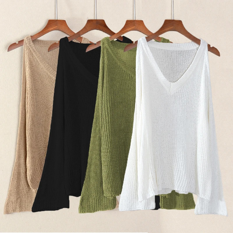 Women Sexy Hollow Out Sweater Off Shoulder VNeck Loose Knit Thin Jumpers Fashion Solid Streetwear Pullovers Long Sleeve Top Y2K 250731