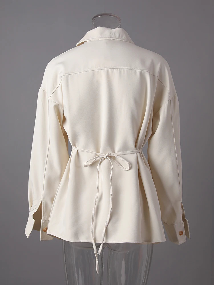 EAM Women Beige Zipper Pocket Back Bandage Blouse Lapel Long Sleeve Loose Fit Shirt Fashion Spring Autumn 1DF1491 250731