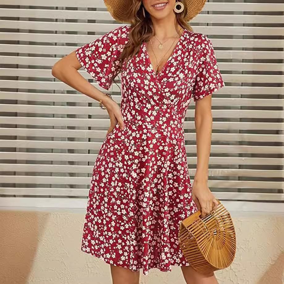 F731Foreign trade women's spring and summer new sexy v-neck petal sleeve digital printing dress