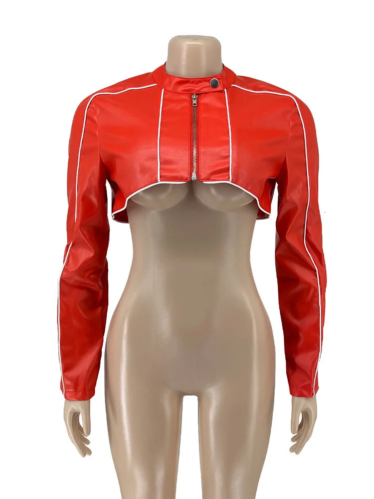 Red PU Faux Leather Sexy Cropped Motorcycle Jackets Women Autumn Fashion Long Sleeve Striped ZipUp Extra Short Coat Female 250731