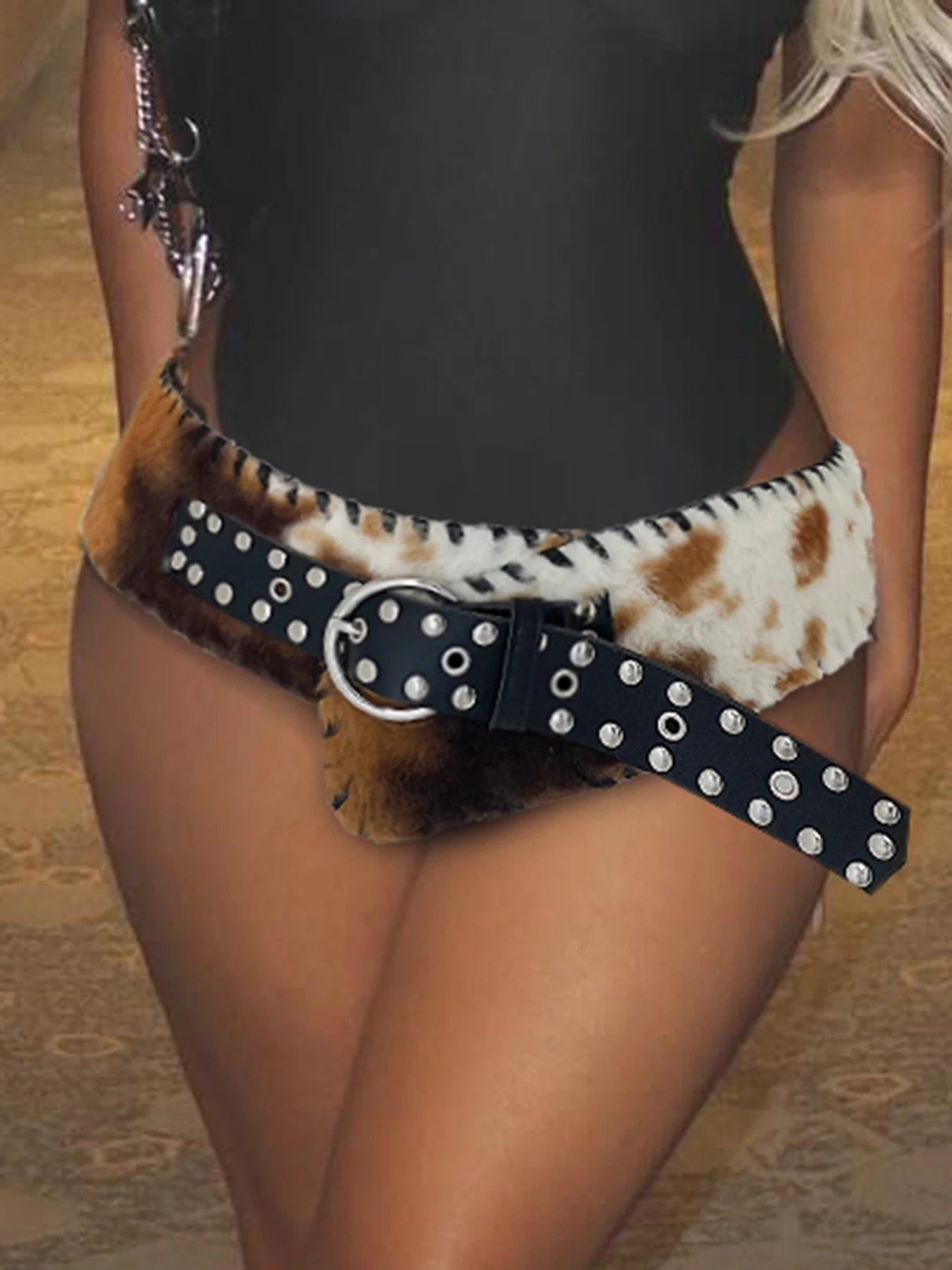 Fashion Classical Leather Pu Spliced Faux Fur Women's Belts Cow Pattern Exquisite Retro Accessories 250730