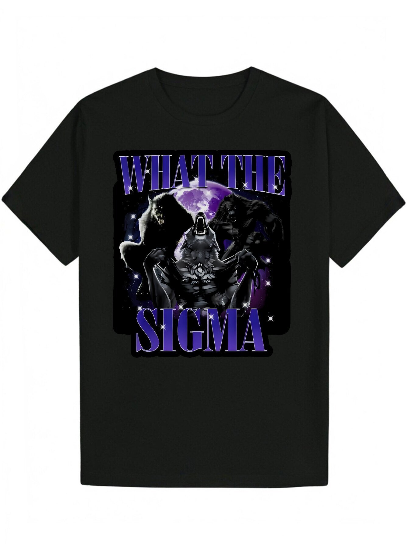 Humor Graphic WHAT THE SIGMA Bold Text with Horror Animals and Celestial Prints Black Casual Short Sleeve Summer T-Shirt - Men's Gift Machine Was