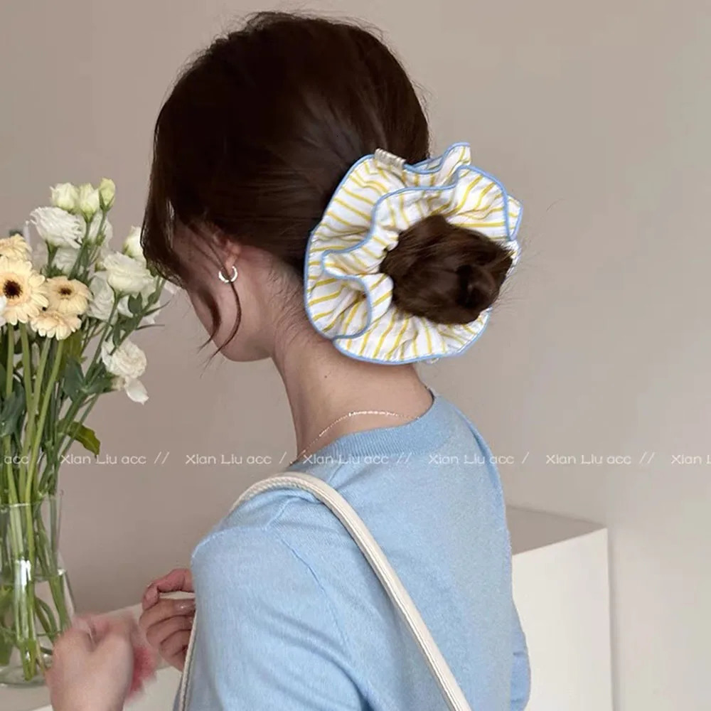 Summer Yellow And Blue Striped Fabric High Elastic Hair Rope Simple Fashion Double-layer Small Waist Hair Band 250730