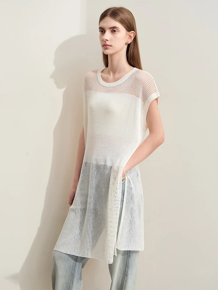 Amii Minimalism Spring Hollow Out Wool Knit Sweater For Women Loose Round Neck Long High Open Fork Female Tops 12442298 250731