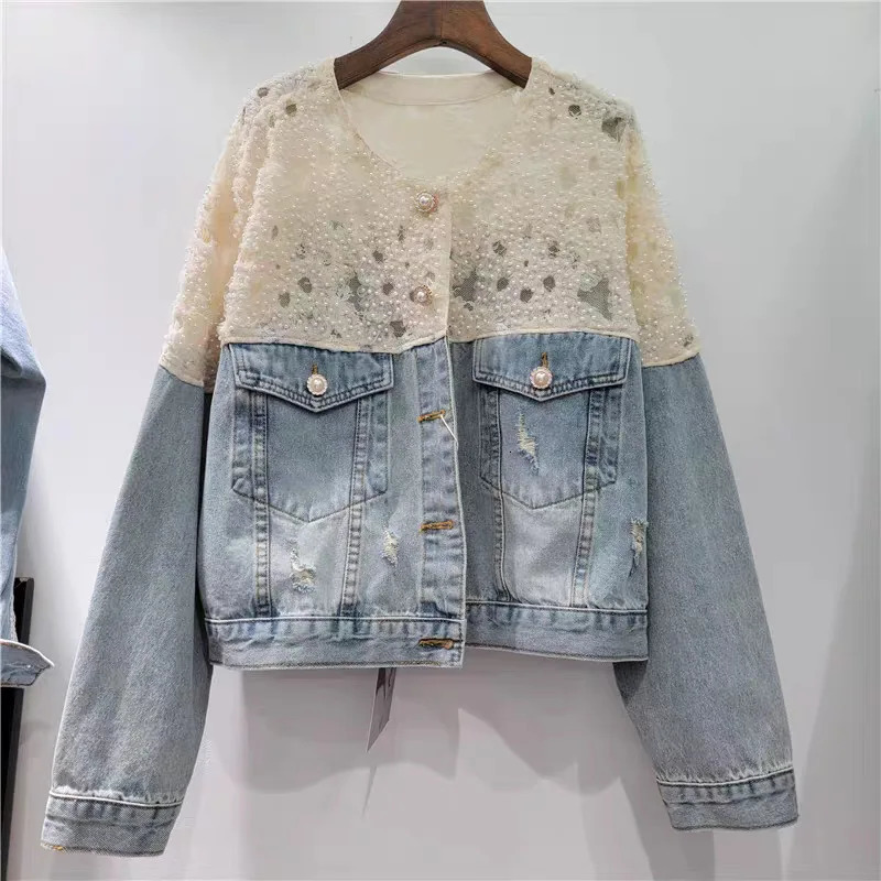 DEAT Womens Denim Coat Patchwork Lace Pearls Elegant Single Breasted Broken Holes Jackets Summer Fashion 29A797 250731