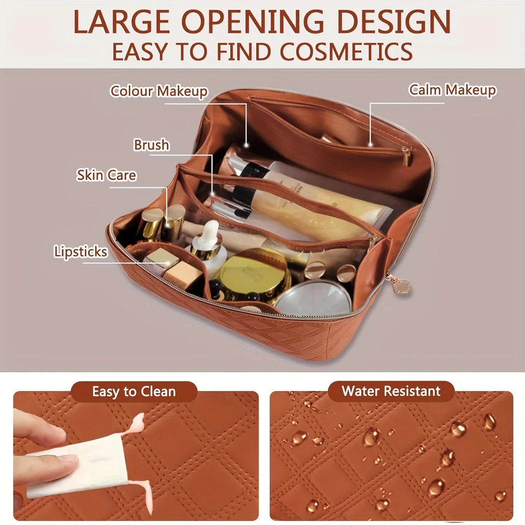 Travel Makeup Bag Large Opening Makeup Bag Portable Water Resistant Make Up Bags PU Leather Cosmetic Bag with Compartment 250731