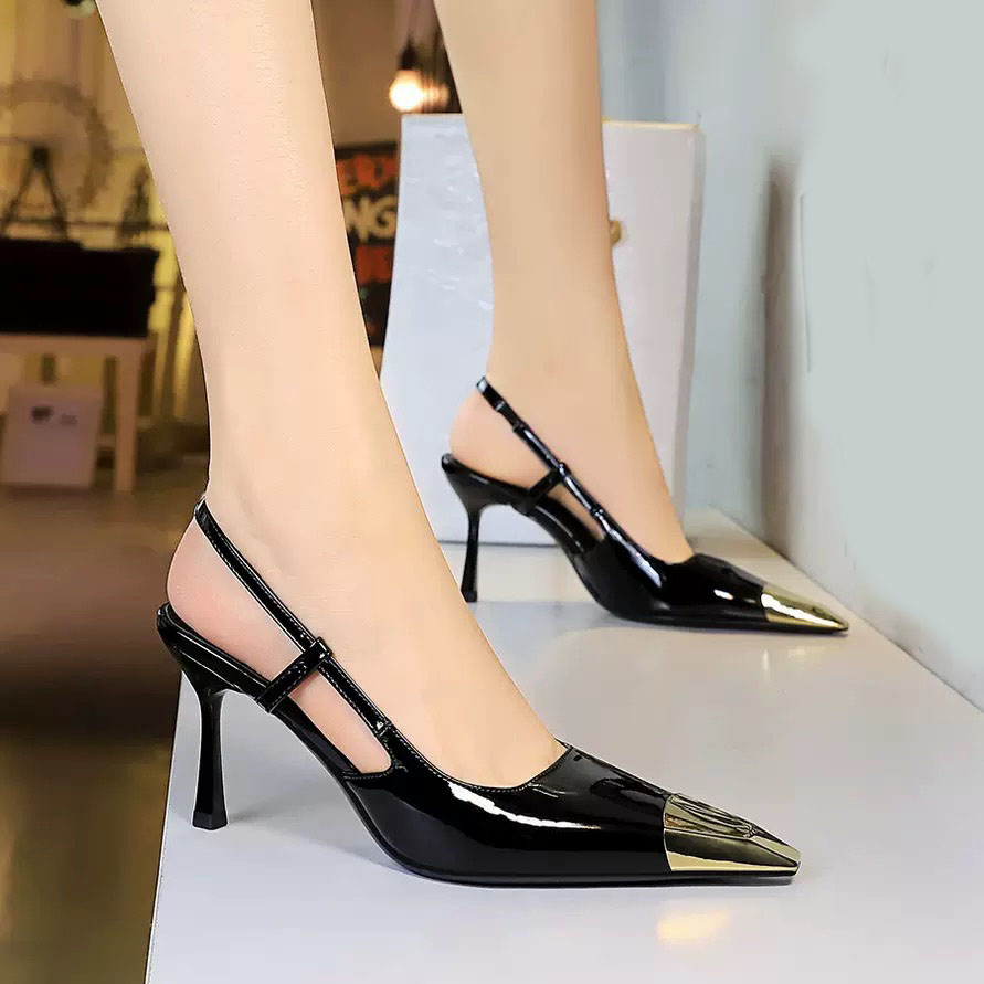 Free delivery single-string sandals designer multi-functional metal toe caps exquisite open-toe design black slender heel high-heeled shoes designer shoes