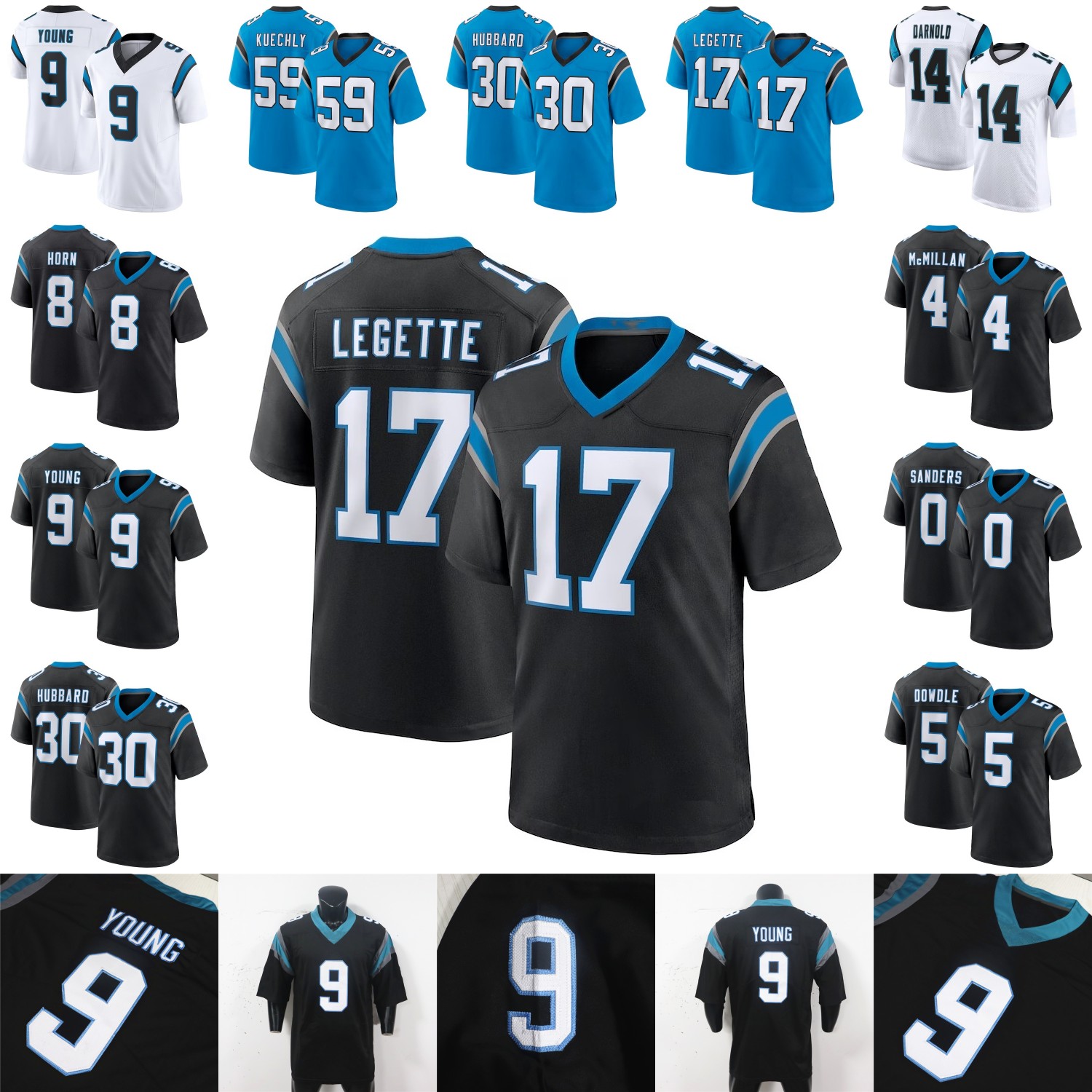 Custom Football Jersey Xavier Legette Young Ja'Tavion Sanders Jaycee Horn Luke Kuechly Trevor Etienne Rico Dowdle Ekwonu Thielen Hubbard Dalton Brown McMillan