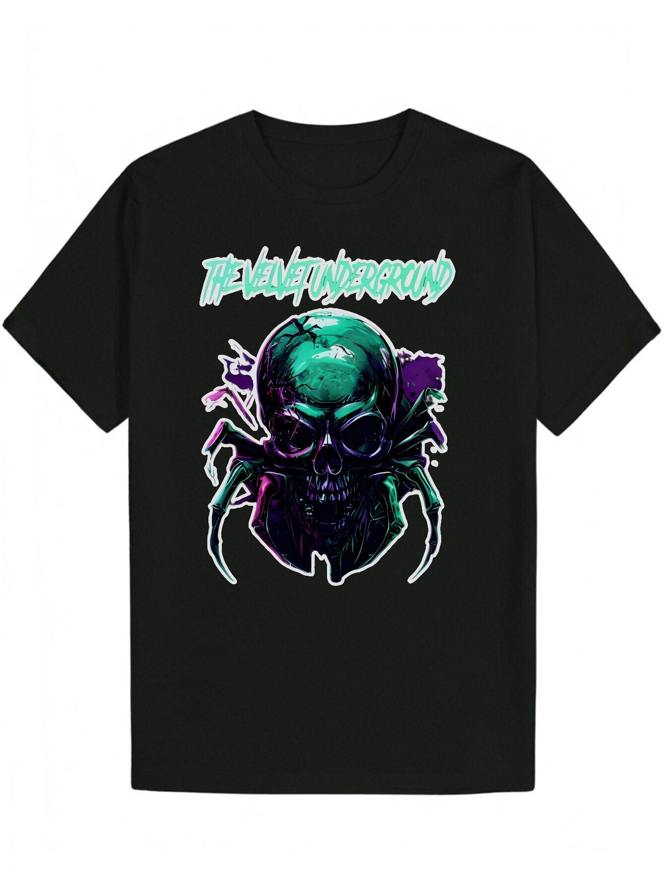 Men's Printed Casual T-Shirt - Black Summer Crew Neck T-Shirt, Skull and Spider Web Design, Vibrant Neon Colors, 100% Polyester, Machine Washable