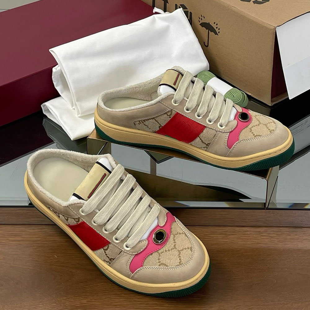 New Womens Screener Mule 836063 brand designer sneakers oval enameled detail with metal canvas trim Label with signature vintage sign classics comfort casual mule