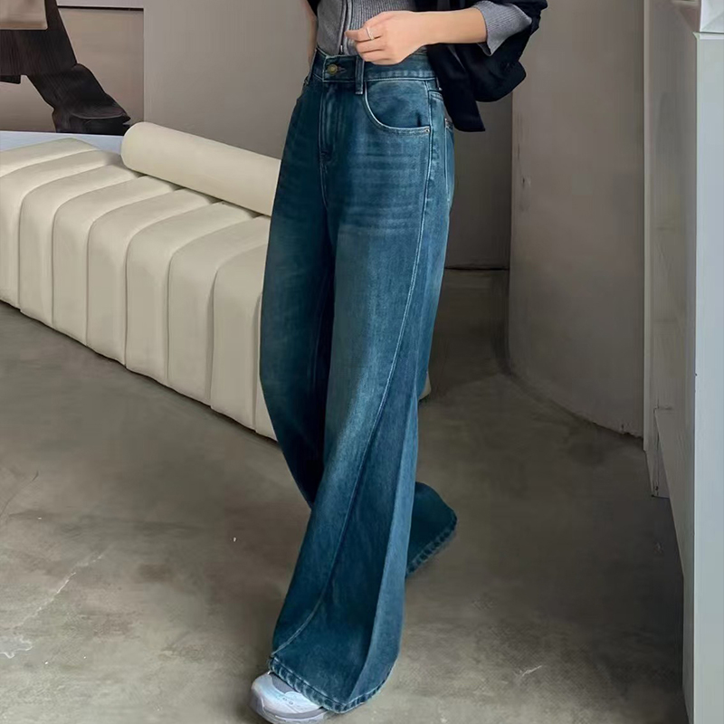 Non-elastic jeans, high-waisted, loose, slimming, sagging straight-leg floor-length pants, flared pants