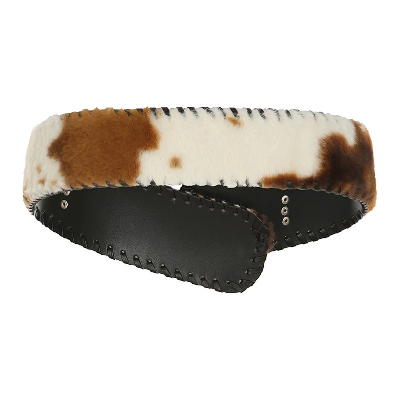 Fashion Classical Leather Pu Spliced Faux Fur Women's Belts Cow Pattern Exquisite Retro Accessories 250814ww