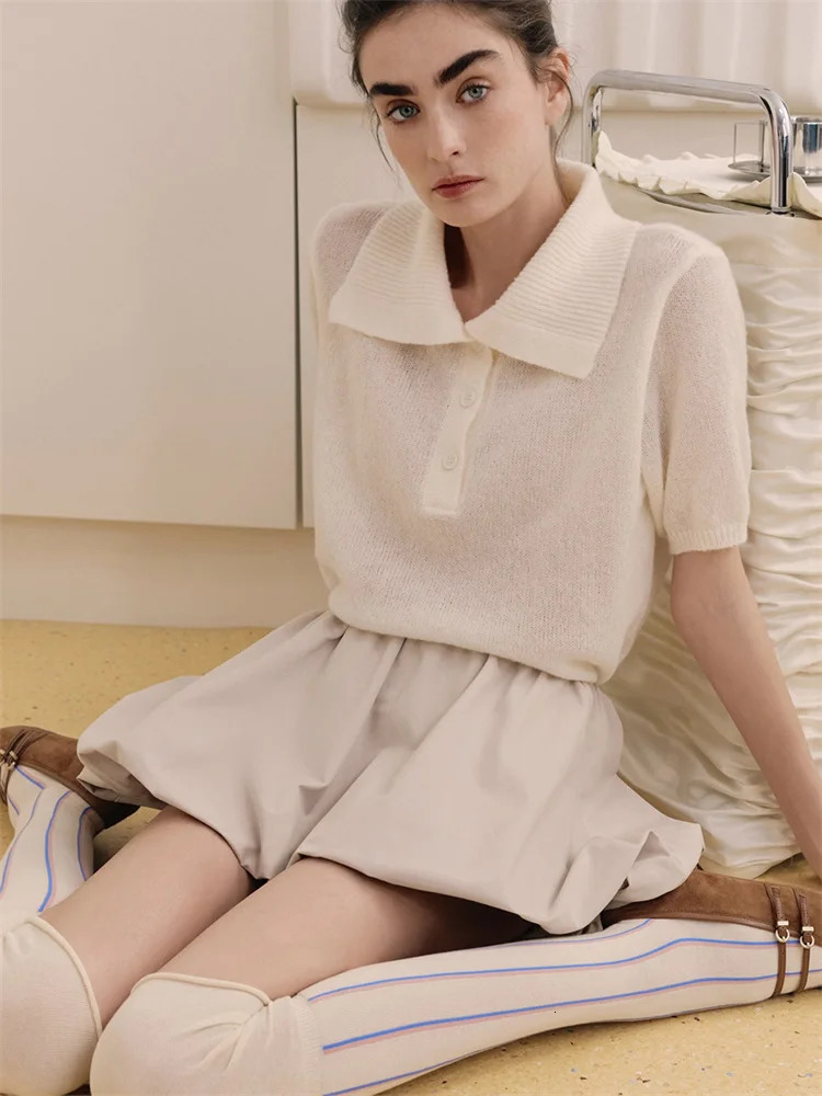 Tossy Casual Short Sleeve Knit Pullover For Women Lapel Patchwork SeeThrough Solid Commute Hollow Out Knitwear Sweater 250731