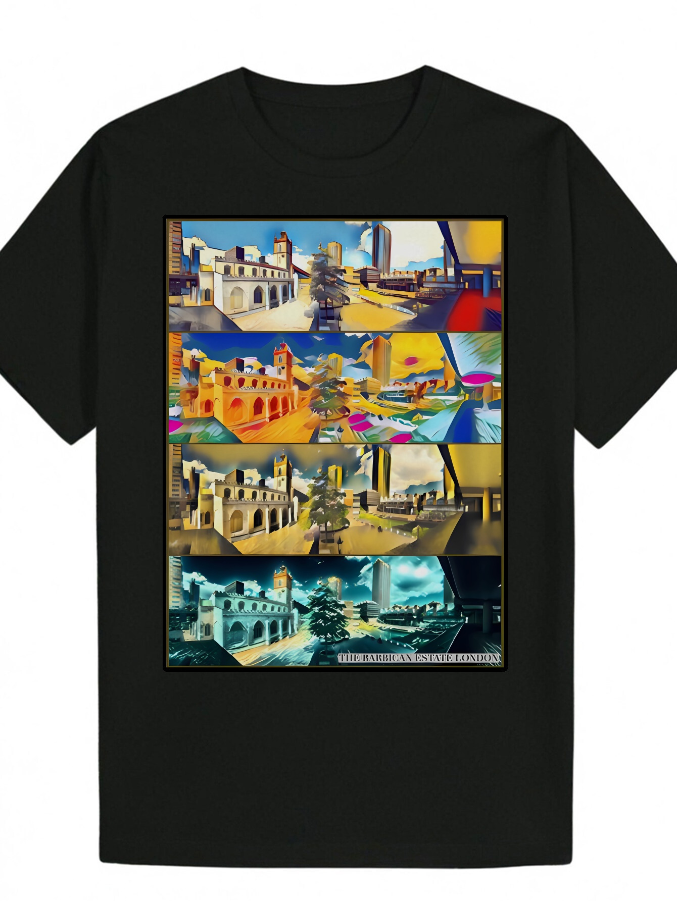 Men's Summer Round Neck Pattern - Vibrant Urban Landscape Print, Short Sleeve, Regular Fit, Lightweight and Breathable, Suitable for Casual Wear,