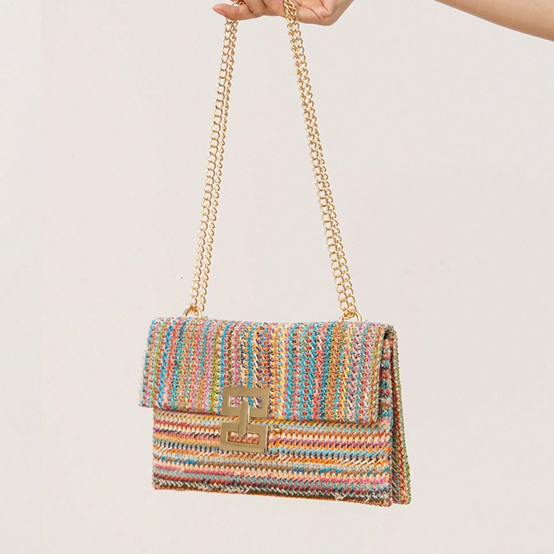 2025 New Vacation Style Multi-compartment Chain Flap Twist Designer Tote Purse Woven Shoulder Cross-border Women's Bag