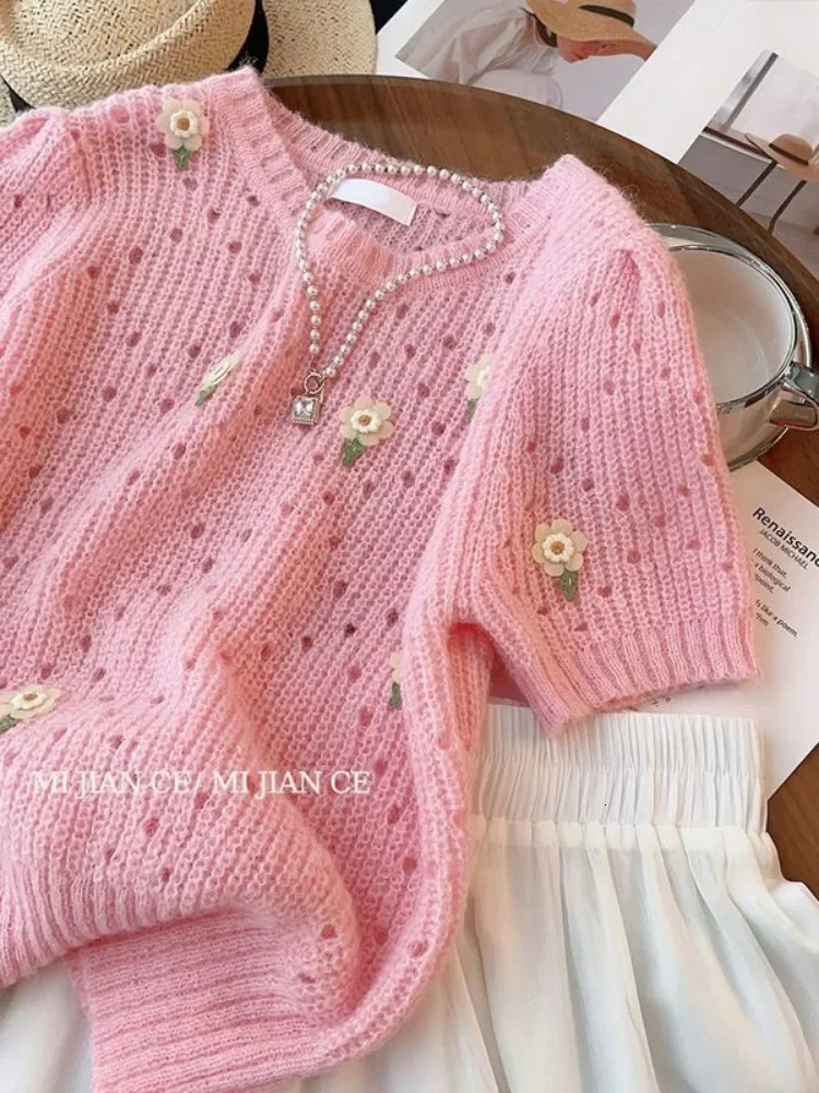Spring Summer Sweet Pink Knitted Tops Short Sleeve Tshirt Soft Sweater n Knitwear Floral Hollow Out Thin Chic 250731