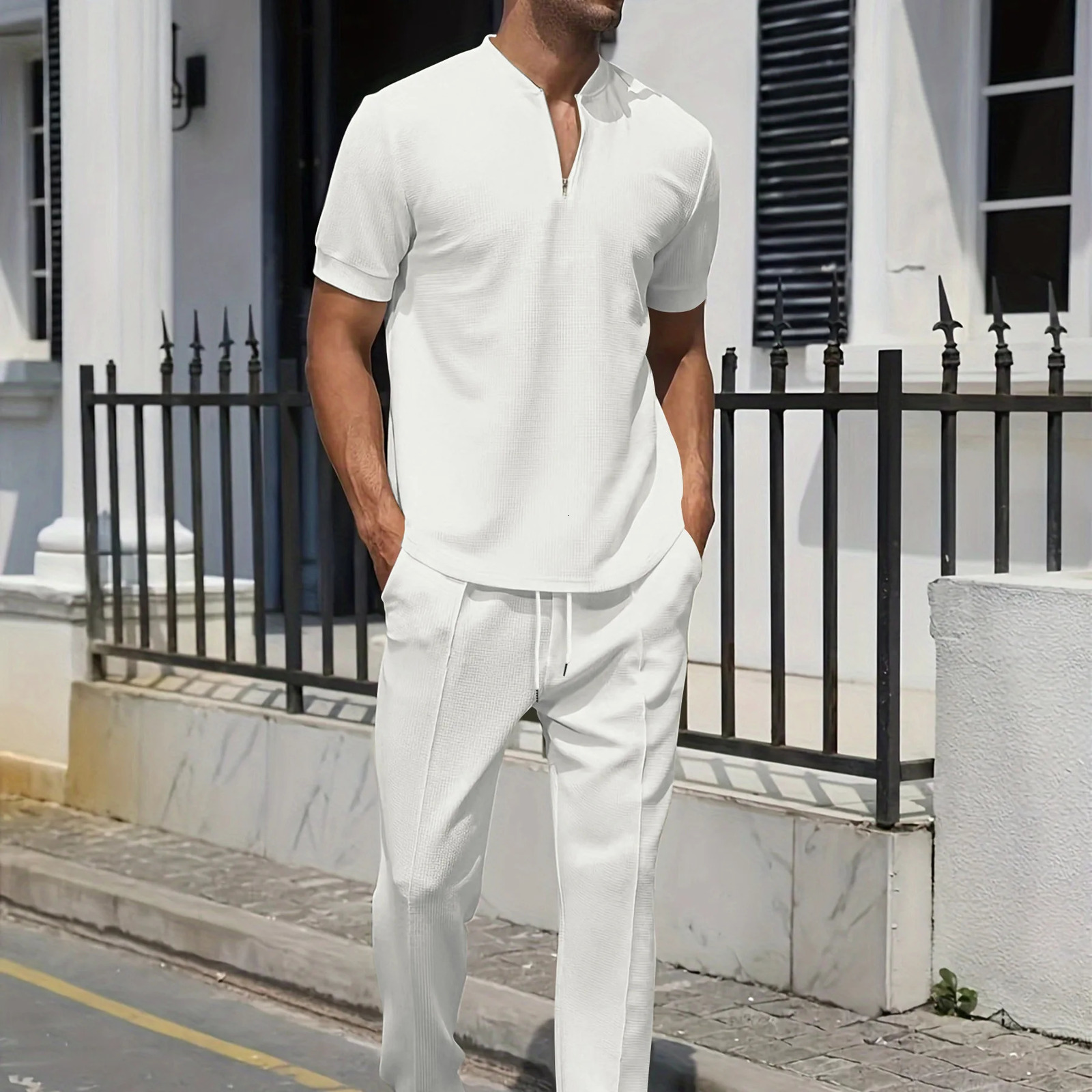 Mens Summer Suit Waffle Fabric ShortSleeved Top Jacquard Polo Shirt Drawstring Trousers 2Piece Set Mens leisure suit 250724