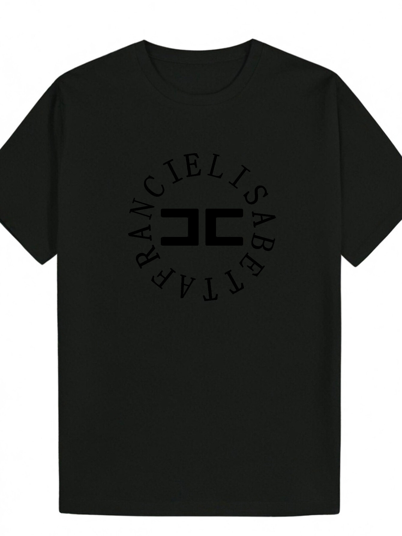 Men's Summer Pattern T-Shirt - Black Round Neck Short Sleeve with Circular Text Design, Breathable Polyester, Machine Washable, Suitable for Casu