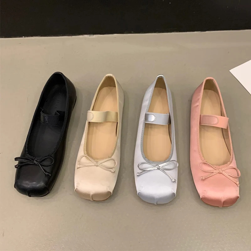 Satin Silk Ballet Shoes Woman Classic Square Toe Bowtie Elastic Band Ballerina Flats Ladies Soft Loafers 250731