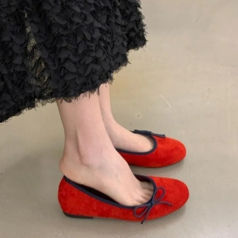 Suede Bow Soft-soled Ballet Shoes for Women Fairy Style One-foot Slip-on Round-toe Delicate Single Shoes 250731