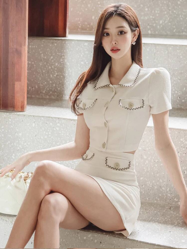 Summer Formal White 2 Piece Outfit Women Elegant Pretty Cropped Short Tops Shirt Blouse High Waist Mini Wrap Hip Skirt Mujer Set dongdumaoyi
