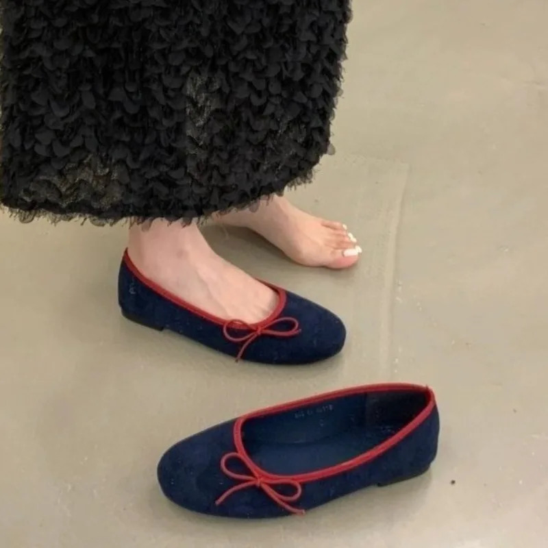 Suede Bow Soft-soled Ballet Shoes for Women Fairy Style One-foot Slip-on Round-toe Delicate Single Shoes 250731