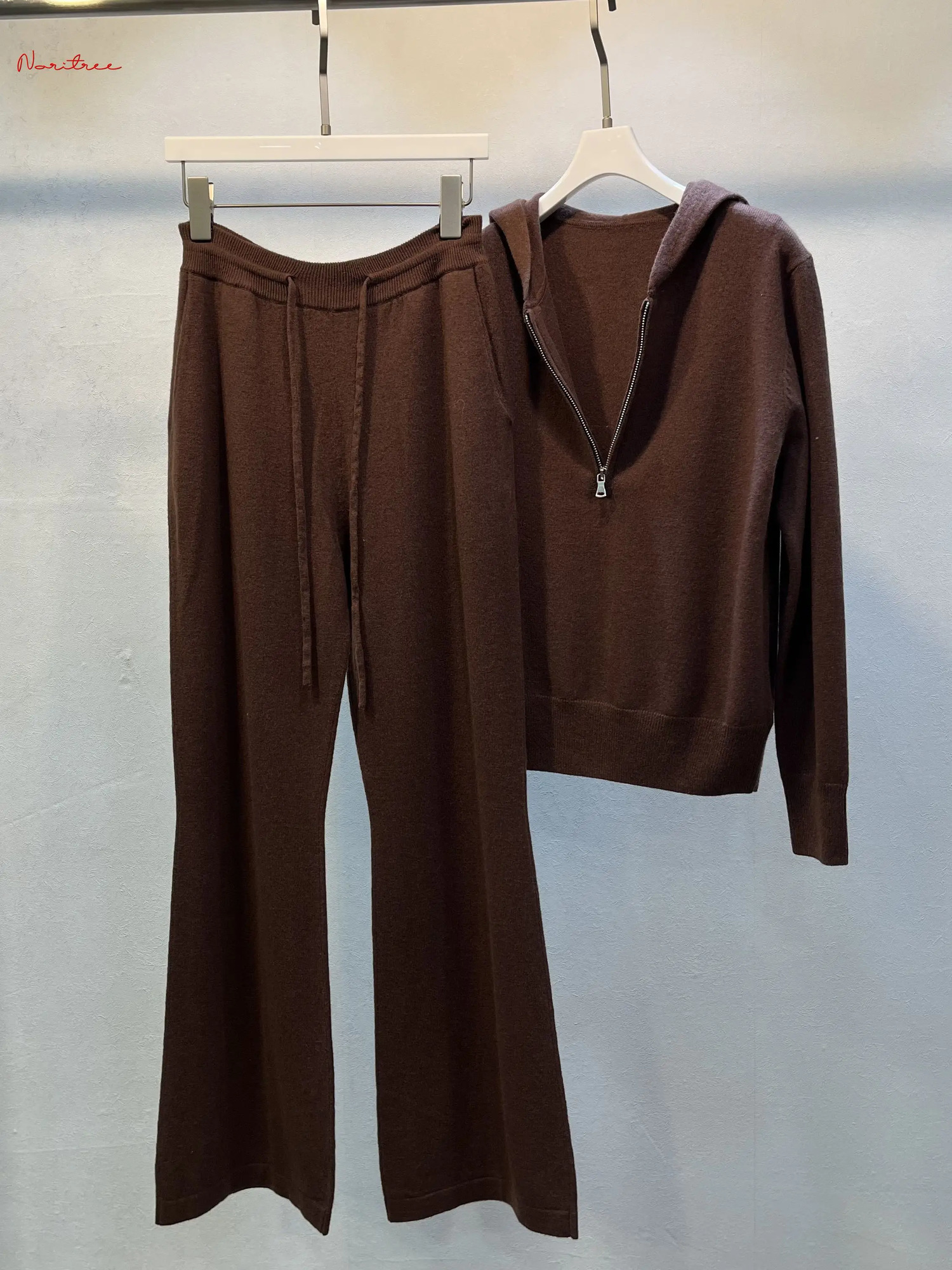 y Two Pieces 100% Cashmere Sets Wool Suits Female Hooded Warm Mink Knit Tops Wide Leg Pant WY1689 250731