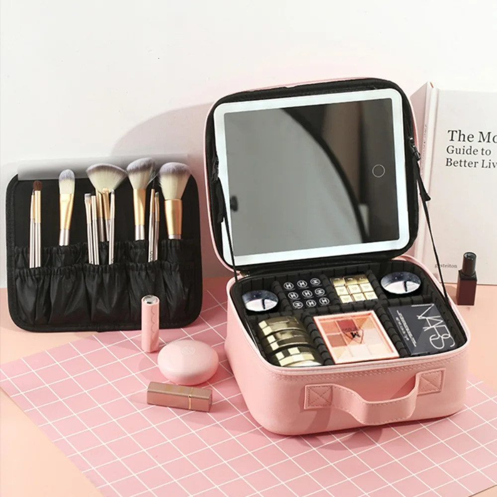 Makeup Bag with Mirror and Light Large Travel Train Case Cosmetic Organizer Portable Storage with Adjustable Dividers for Gifts 250731