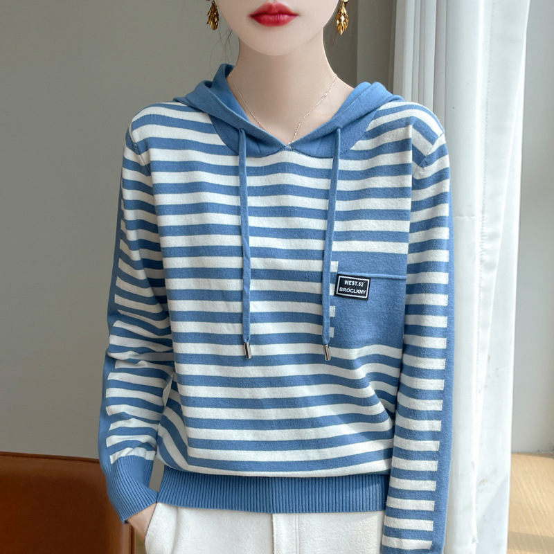 Women's autumn and winter striped hoodie knitted blouse loose large size fashion western style hooded casual sweater