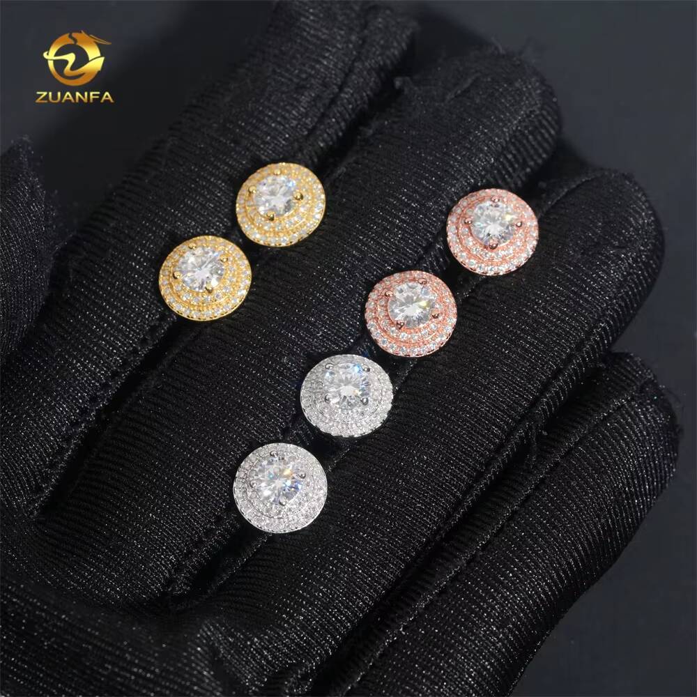Hot Sale High Quality Two Row Halo 5mm Center Diamond Stud 925 Silver 18k Gold Stud Moissanite Earrings